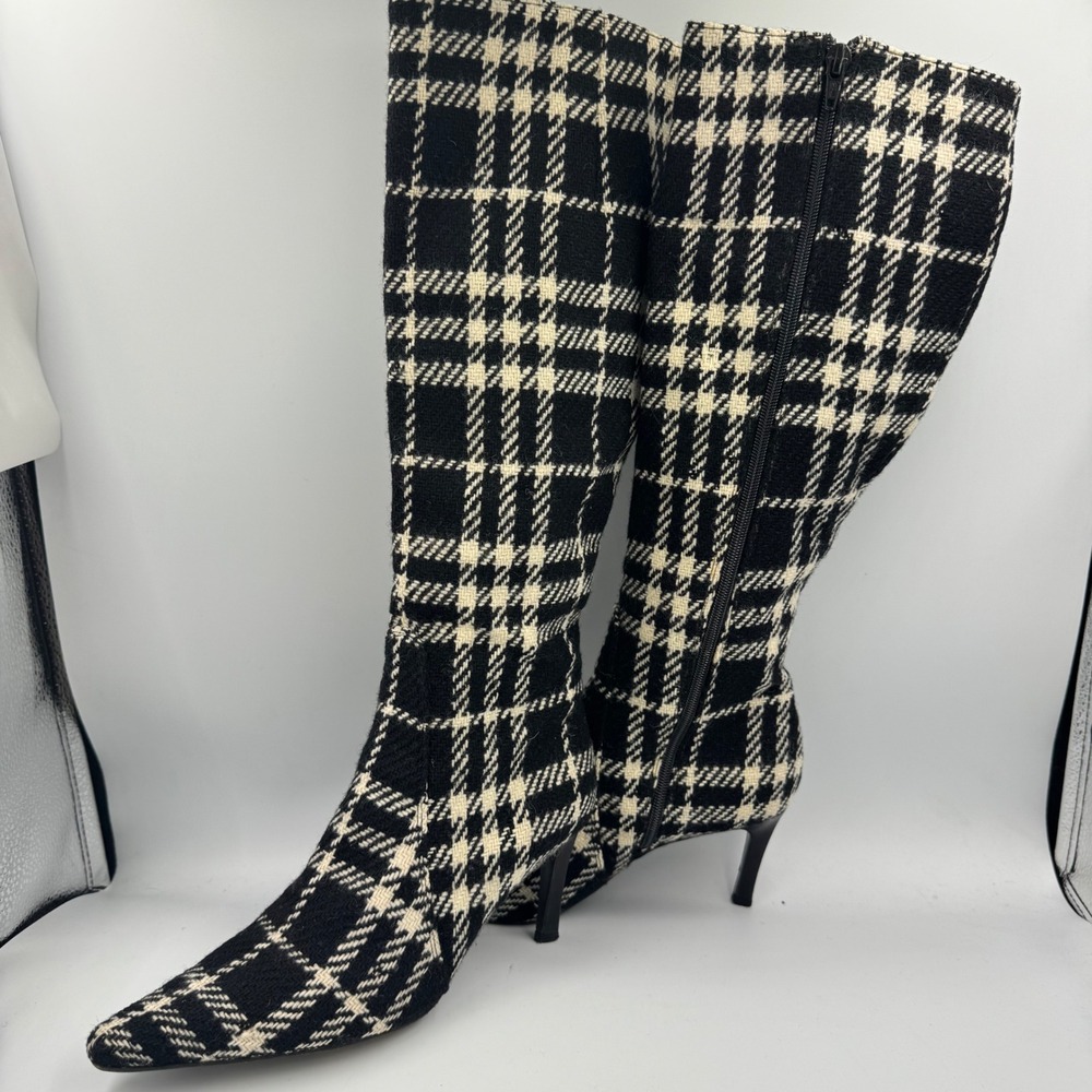 Burberry Boots 37 Black Plaid Wool Pointed Toe Stiletto Knee High Houndstooth - Picture 4 of 11